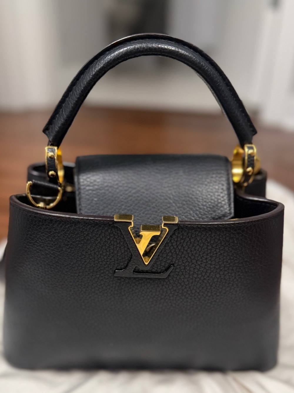 Louis Vuitton Black Leather Top-Handle Shoulder Bag with Gold Hardware